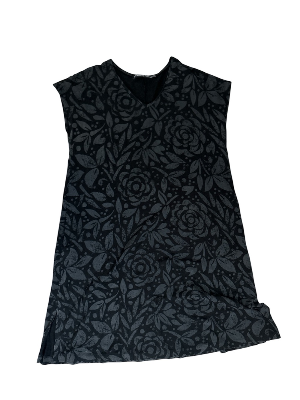 Gudrun Sjoden Short Sleeve V-Neck Stretch Jersey Knit Floral Dress | Black | XL